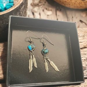 Blue Stone Double Feather Dangly Drop Earrings, Silver Tone